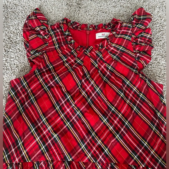 NWT Vineyard Vines Plaid Ruffle Tiered Dress Red Velvet Rayon Metallic - Picture 6 of 12